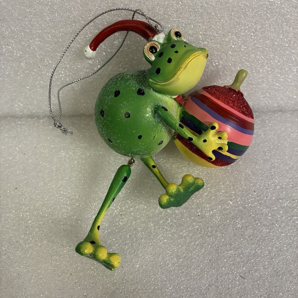 Frog Christmas Ornament Holding A Christmas Ball. Movable Legs. Hand Painted 5” - Picture 1 of 8